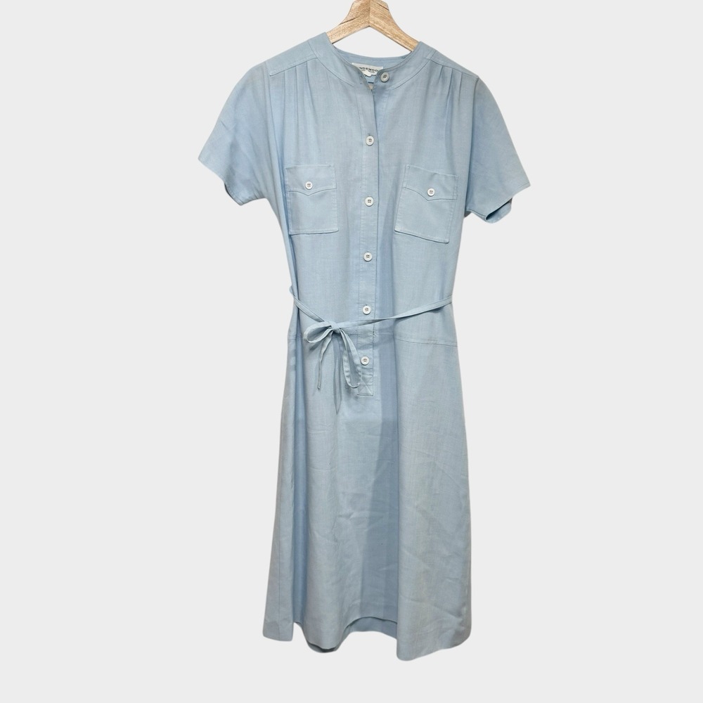 Vintage Windsmoor Powder Blue Midi Shirt Dress Belted Utility Brit Heritage 70s